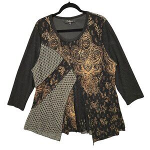 Calessa 2X‎ Art Teacher Boho Patchwork Lace Tunic Top Black Gold Whimsigoth